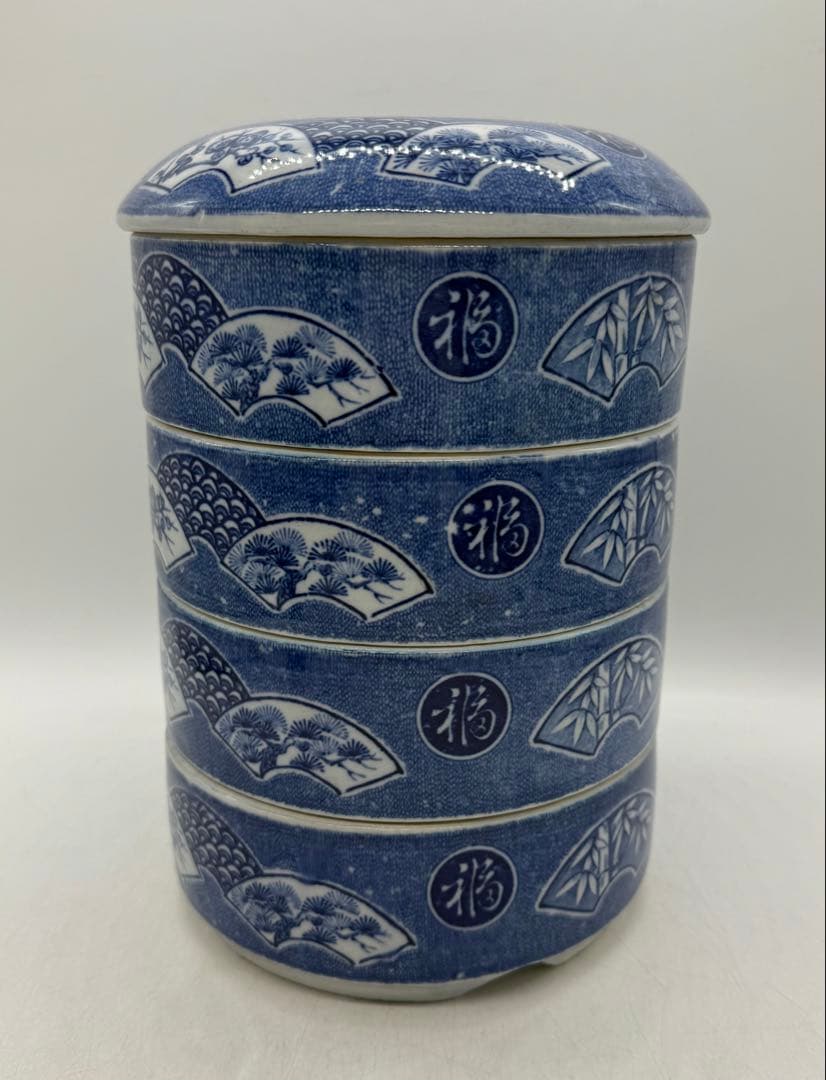 明治期　伊万里染付4段重　松竹梅　印判　古民具　送料込み251130