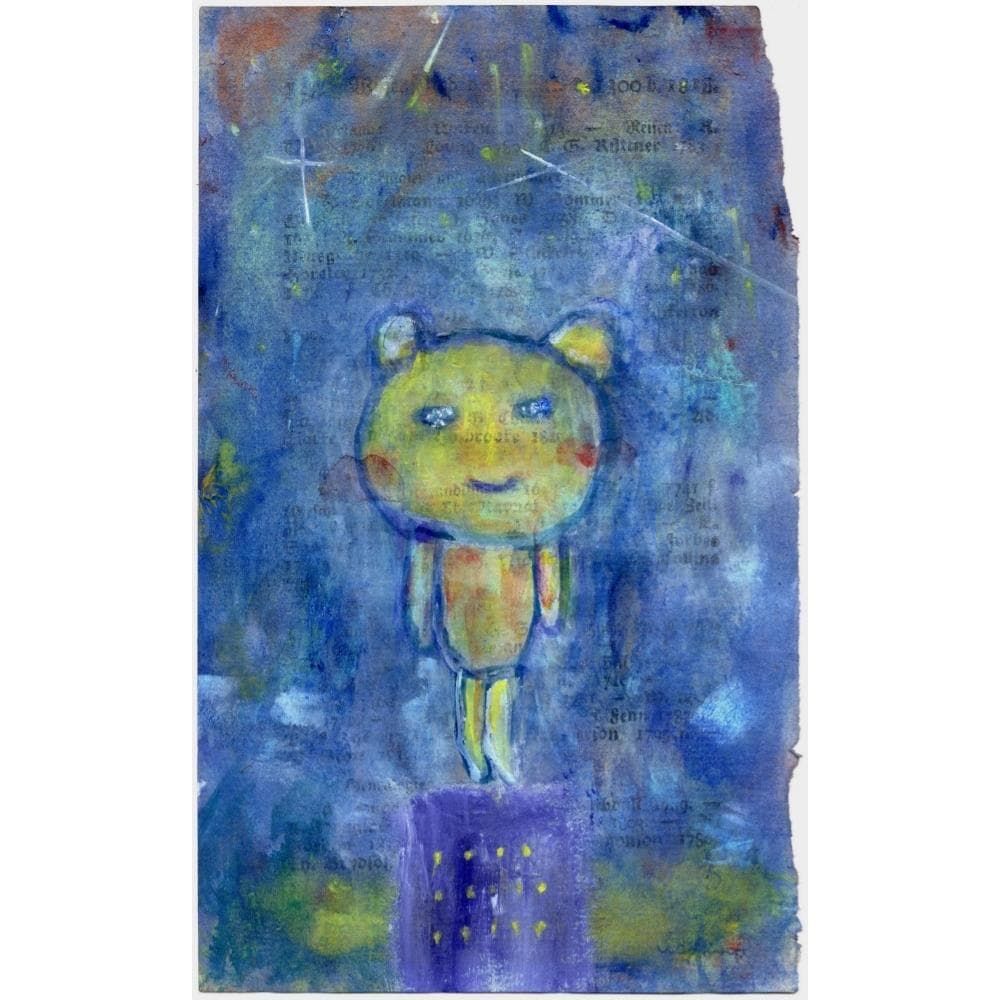 内野隆文　夜のくま　絵画　アンティークペーパー　アクリル画　現代美術　額付　真作