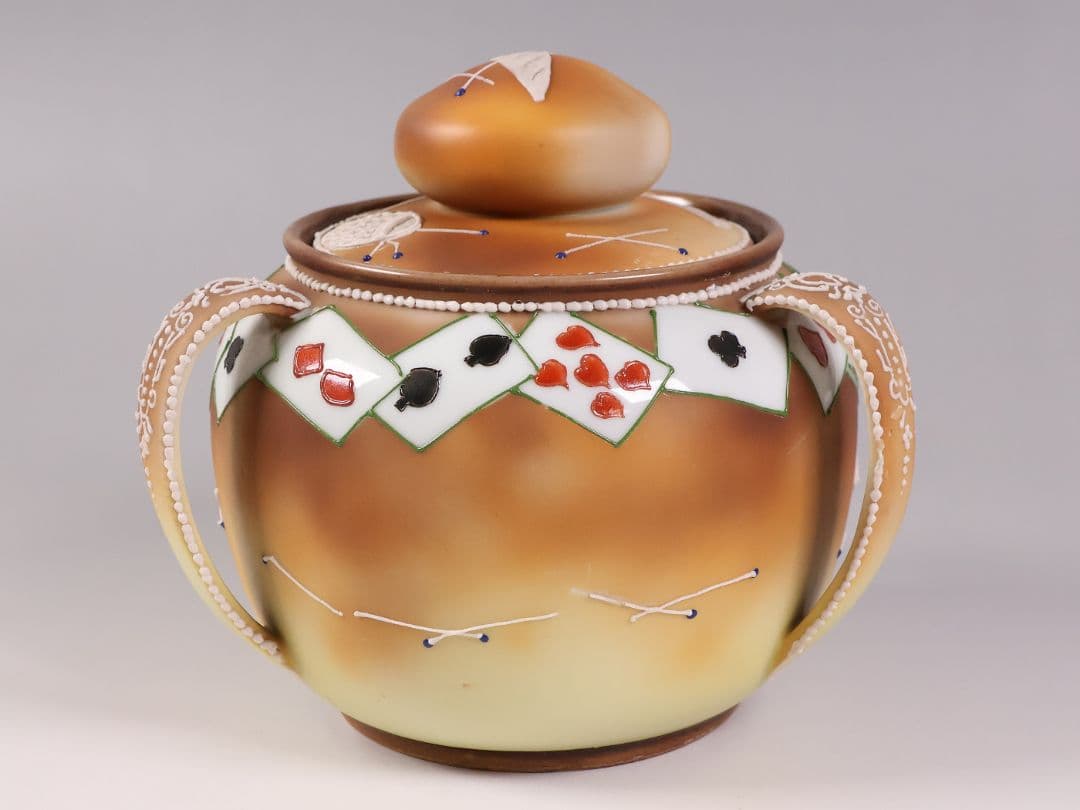 CM322】オールドノリタケ トランプ スリーハンドル 葉巻入れ 蓋物 盛上