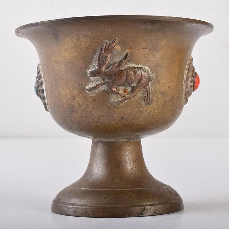中国　古銅　鹿刻　玉石装飾　稀石嵌込　高足盃　杯　時代箱付　V　R8138