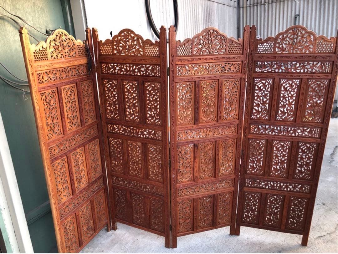 屏風 衝立 4連 古い竹簾屏風 衝立 パーテーション 四連 透かし彫り
