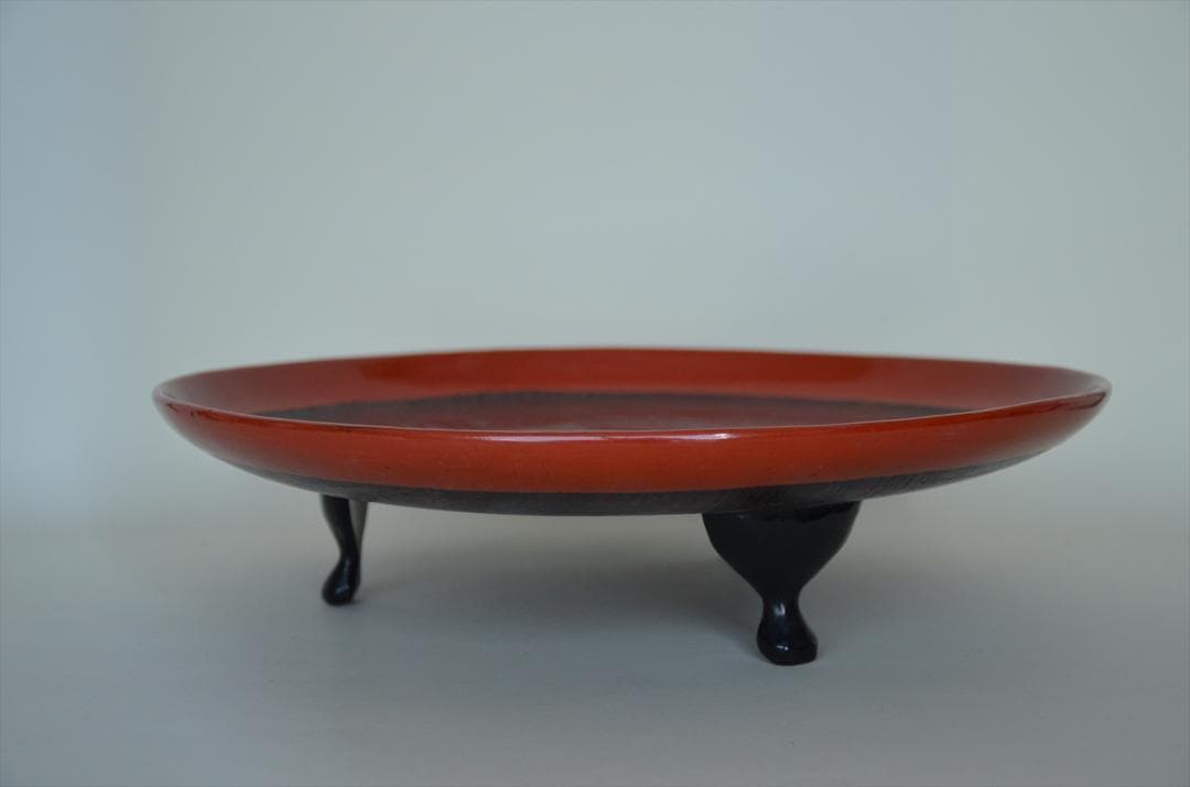 江戸末期　朱塗　拭漆　脚付　盆　骨董品　アンティーク