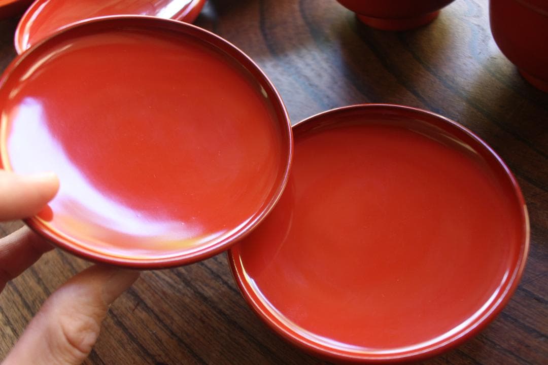 デッドストック！時代朱漆の美しい平椀＆壺椀セット（検輪島塗懐石椀茶道具