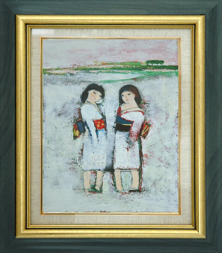 油絵 菅家令子 絵 絵画インテリア額付(黒) uF6-071402 雪国の女の子