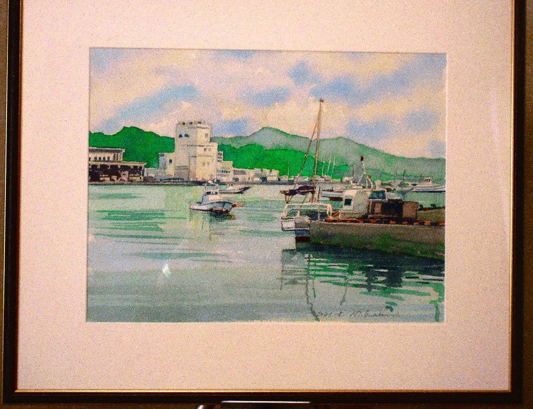 港の風景 水彩画 原画 F6サイズ額装済み