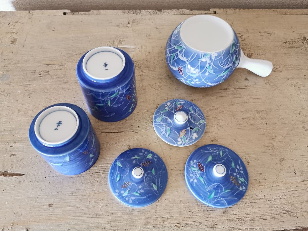 有田焼 萬右衛門 秋草手描き 蓋付きペア夫婦湯呑茶碗＆急須 茶器セット