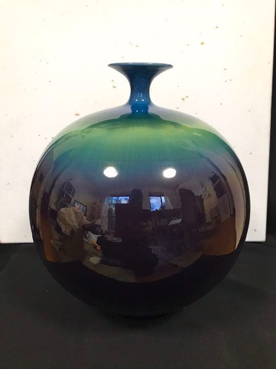 【特大】人間国宝 三代 徳田八十吉作 （正彦銘）碧明釉 壺 管理T71 共箱