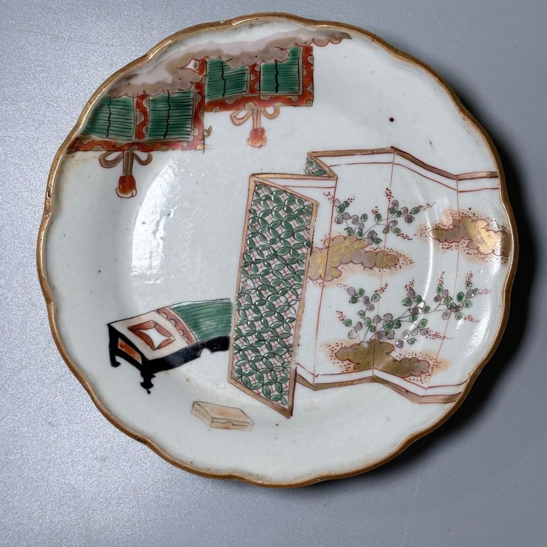 江戸後期〜明治 古伊万里 色絵屏風文様輪花形五寸皿 五枚 15.6cm 料理