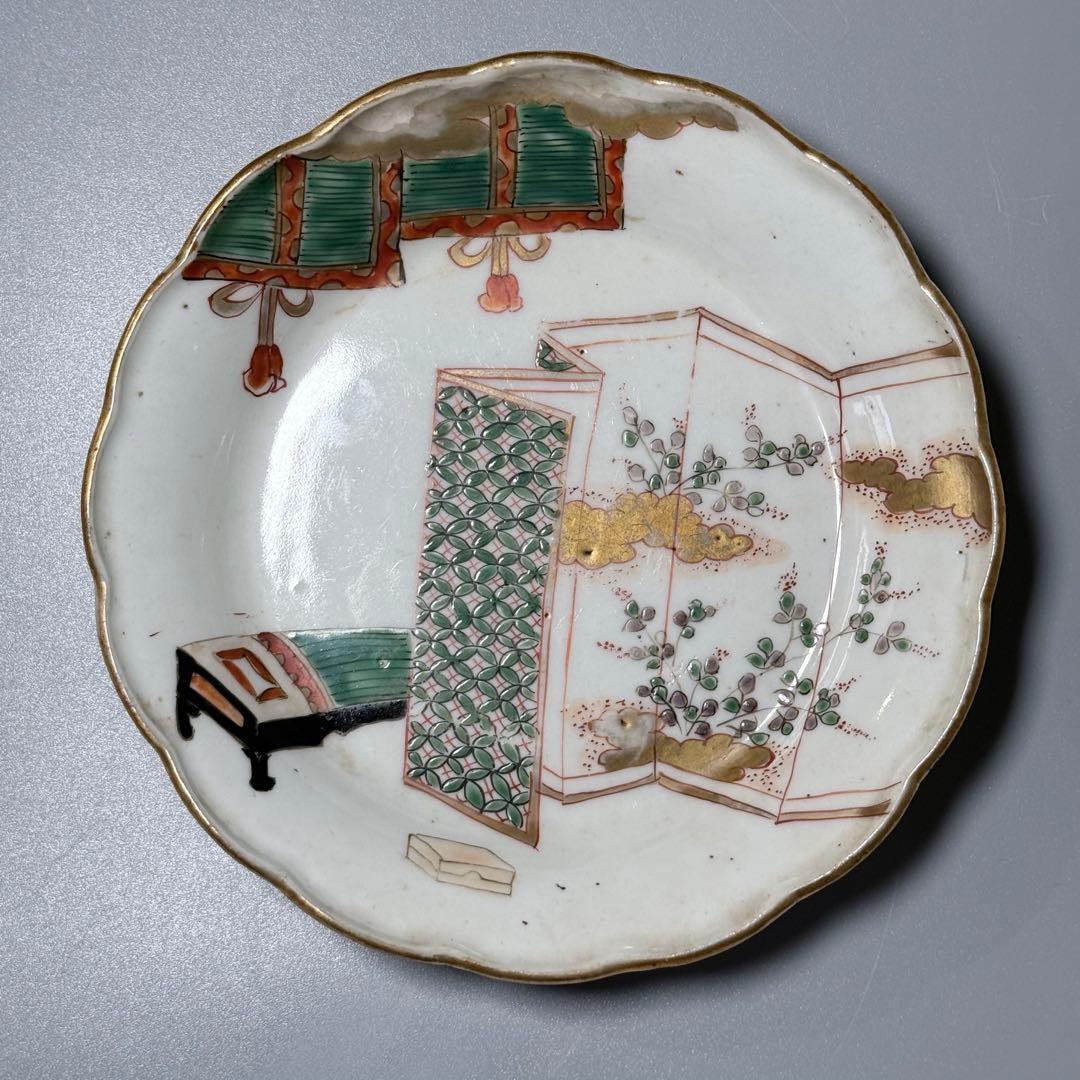 江戸後期〜明治 古伊万里 色絵屏風文様輪花形五寸皿 五枚 15.6cm 料理