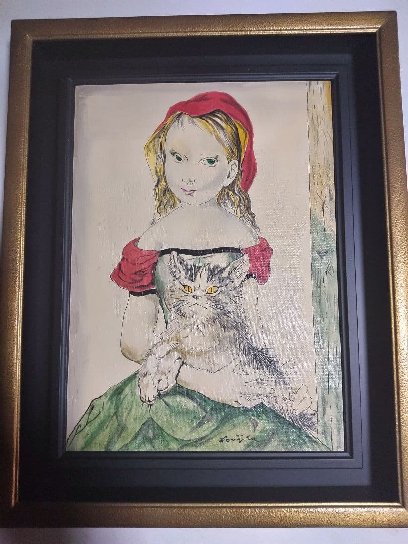 藤田嗣治、絵画、油彩４号、猫を抱く少女、肉筆、新品額縁、鴨居玲、宮永岳彦。