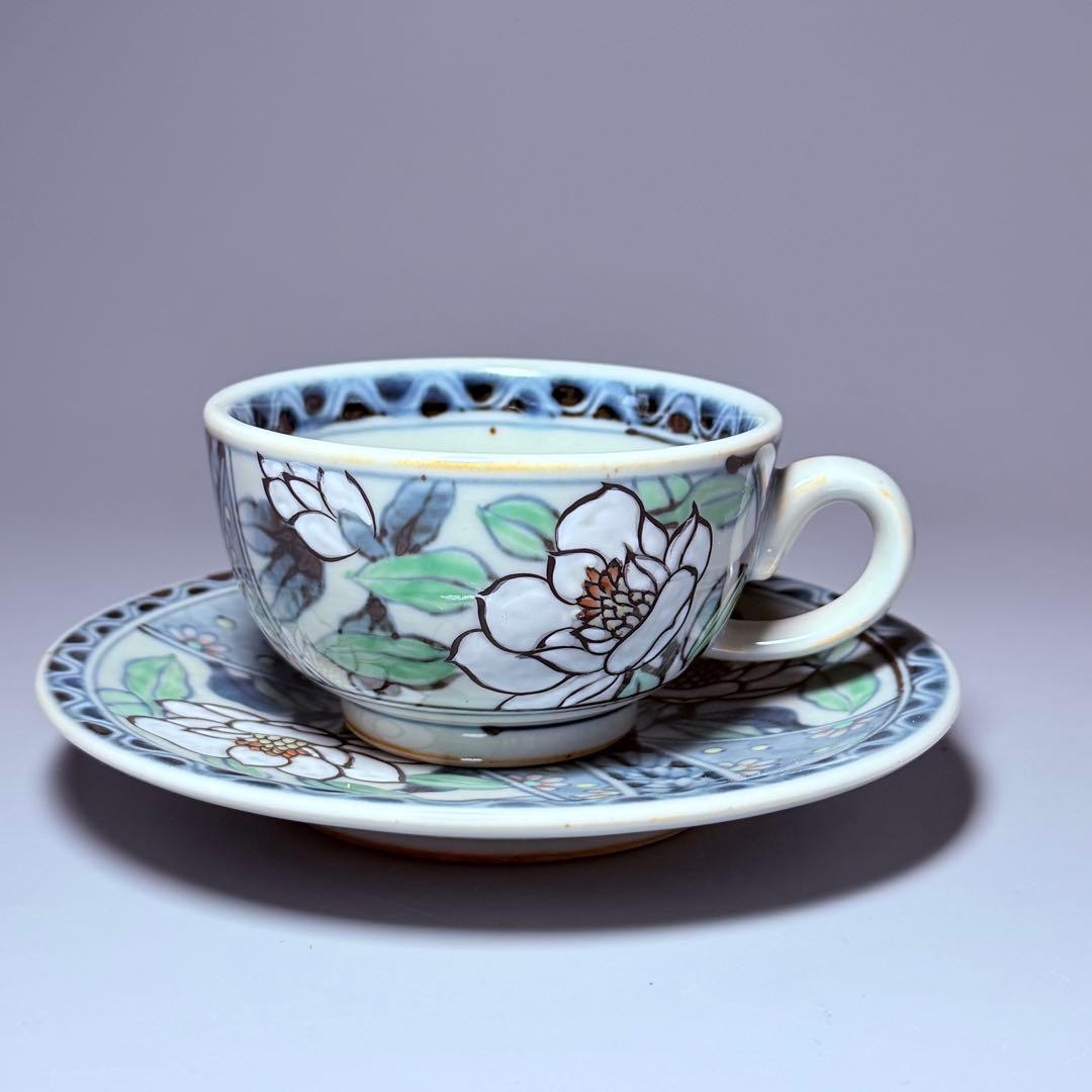 五代 佐藤走波 七十五才 染錦木蓮文カップ＆ソーサー コレクター