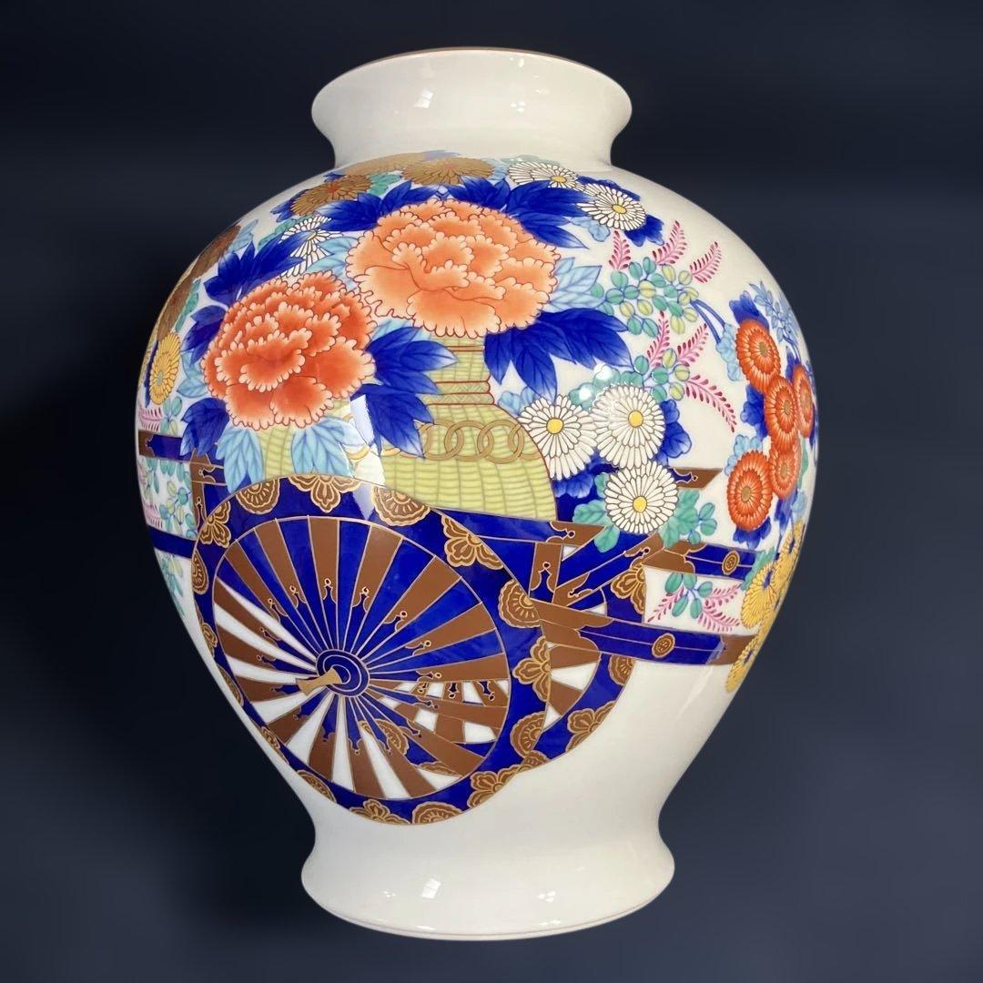 宮内庁御用達香蘭社花瓶「染錦花車」高級花瓶