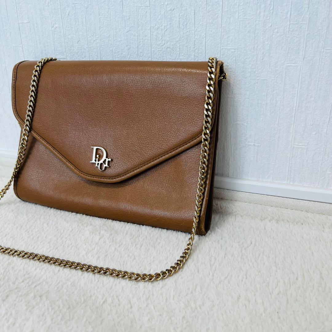 クリスチャンディオール ロゴチェーンショルダーバッグ シボ革 ブラウン 2way