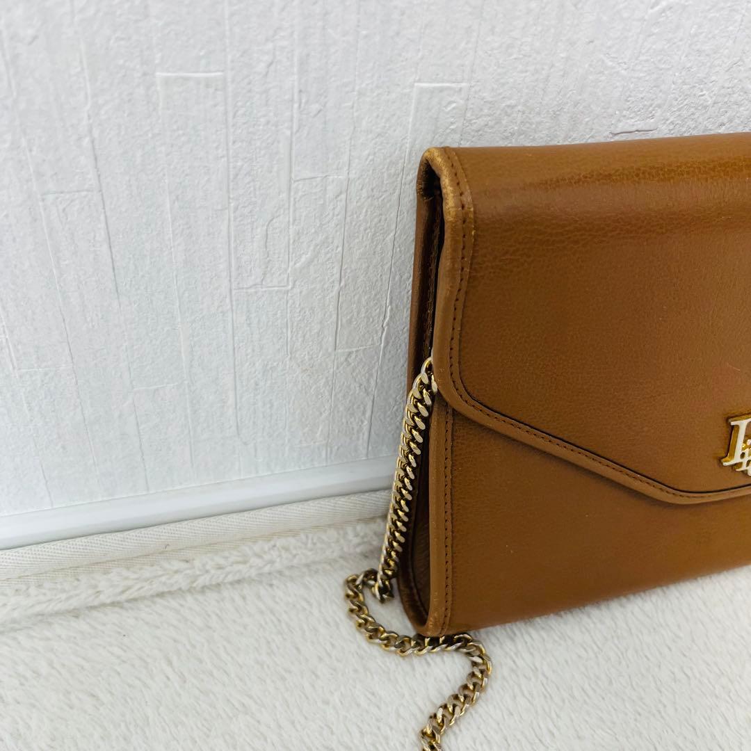 クリスチャンディオール ロゴチェーンショルダーバッグ シボ革 ブラウン 2way