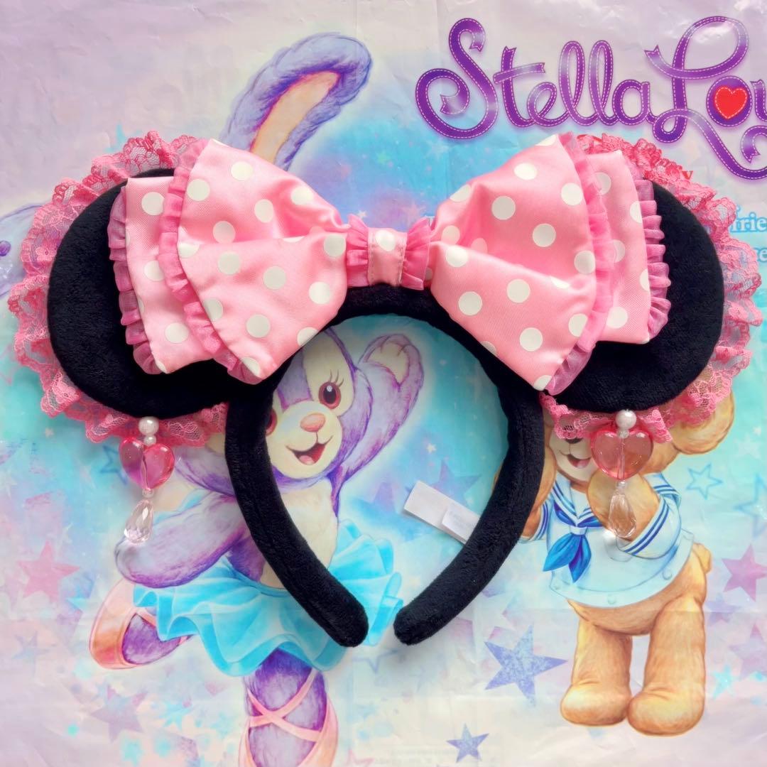 ディズニーカチューシャレースイヤリング水玉ピンクミニー