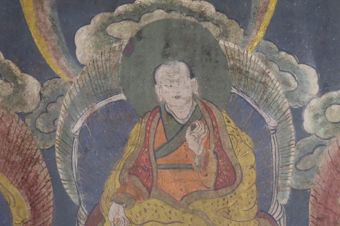 仏教美術 チベットタンカ 四臂観音像 絹本彩色 肉筆 仏画 タンカ 額装