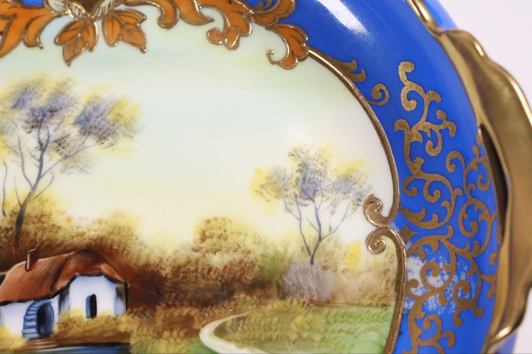 【CM310】オールドノリタケ 風景 白鳥 三足鉢 皿 湖畔 金盛 青 明治