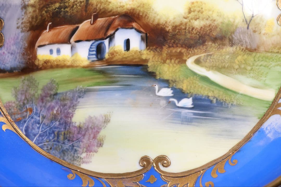 【CM310】オールドノリタケ 風景 白鳥 三足鉢 皿 湖畔 金盛 青 明治