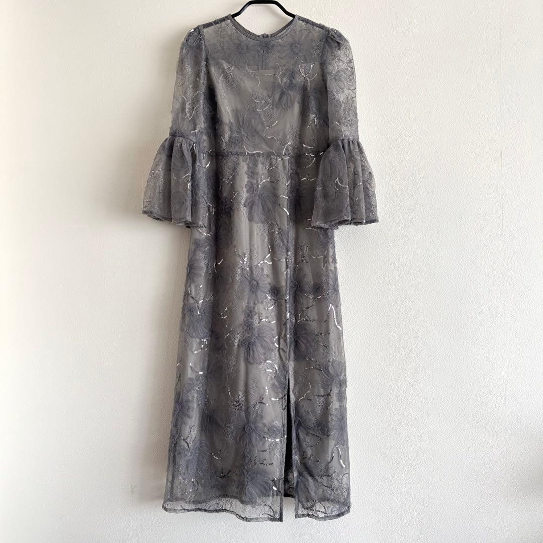 LEJAスパンコール刺繍レーススリーブIラインロングドレス