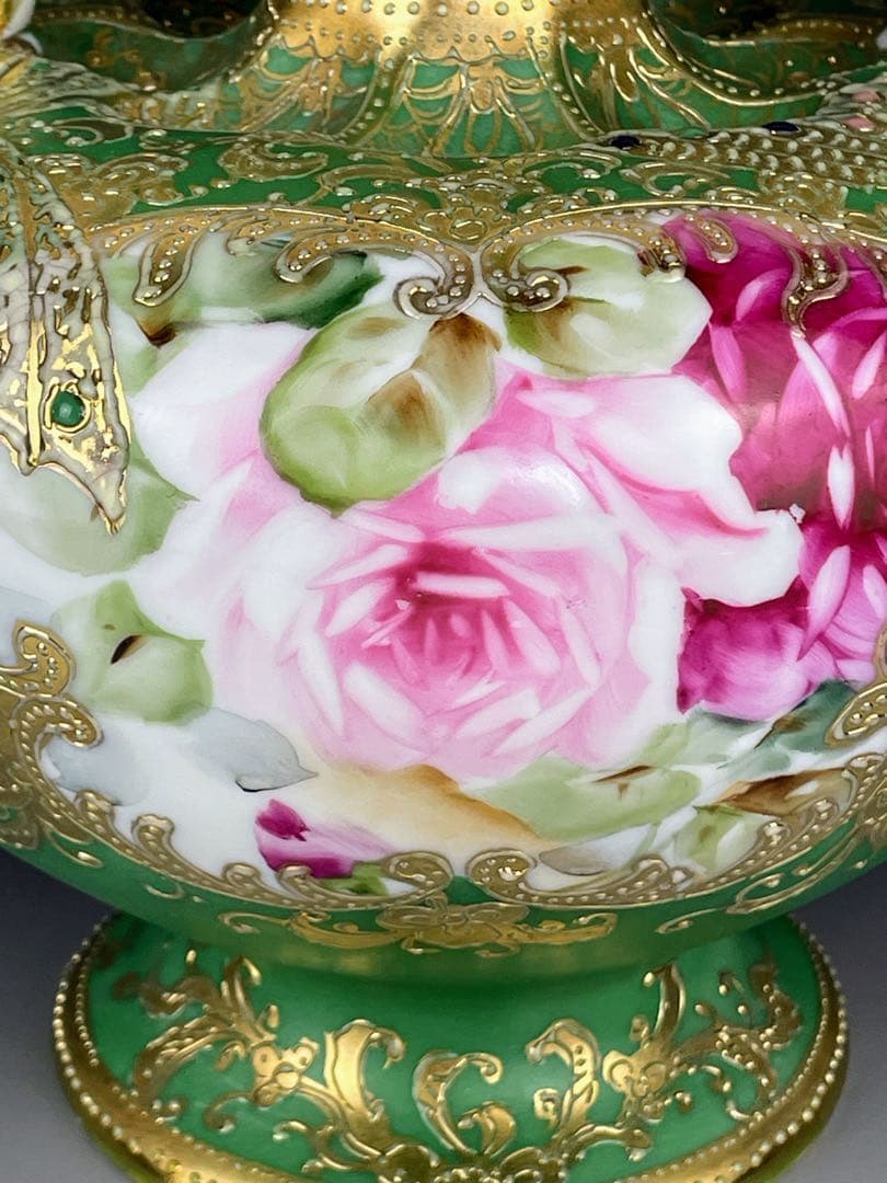 美品】オールドノリタケ ジュエル 翠地金盛り蝶 薔薇紋花瓶 ジュール