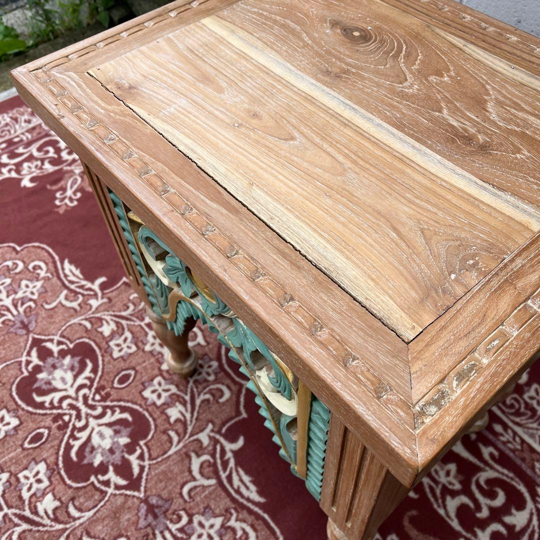 木製無垢材 チーク材◾️彫刻デザイン サイドテーブル 飾り台 花台