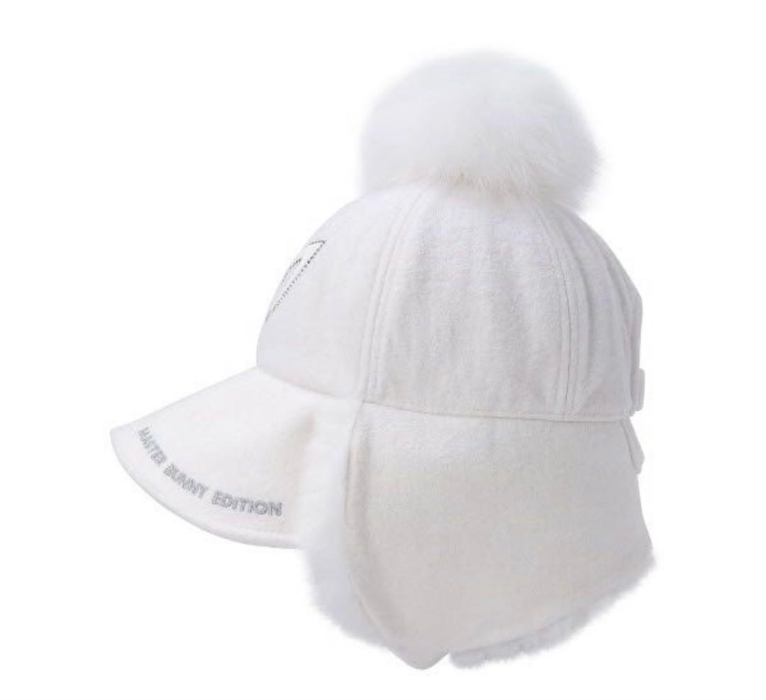 マスターバニー　ファー　耳当て付き　キャップ　ボンボン　白　ホワイト　レア　韓国
