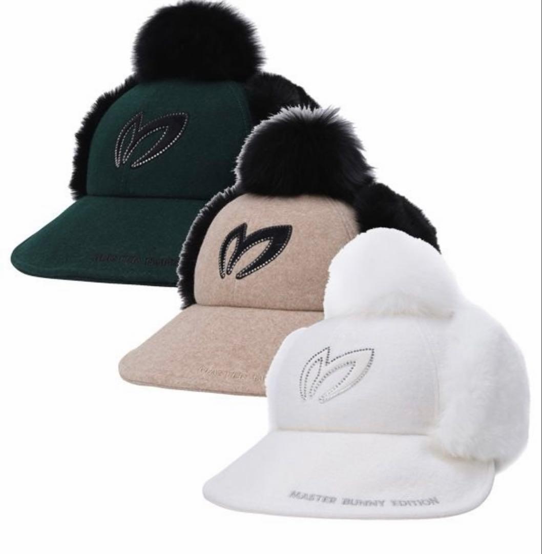 マスターバニー　ファー　耳当て付き　キャップ　ボンボン　白　ホワイト　レア　韓国