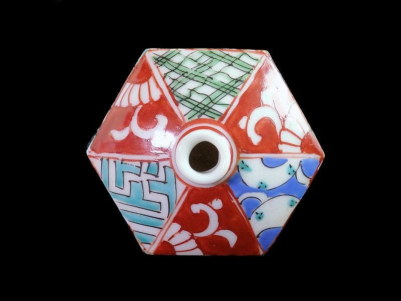 伊万里 瀬戸 色絵 幾何学紋の図 油壷 E421A-fbkn 美術品・アンティーク