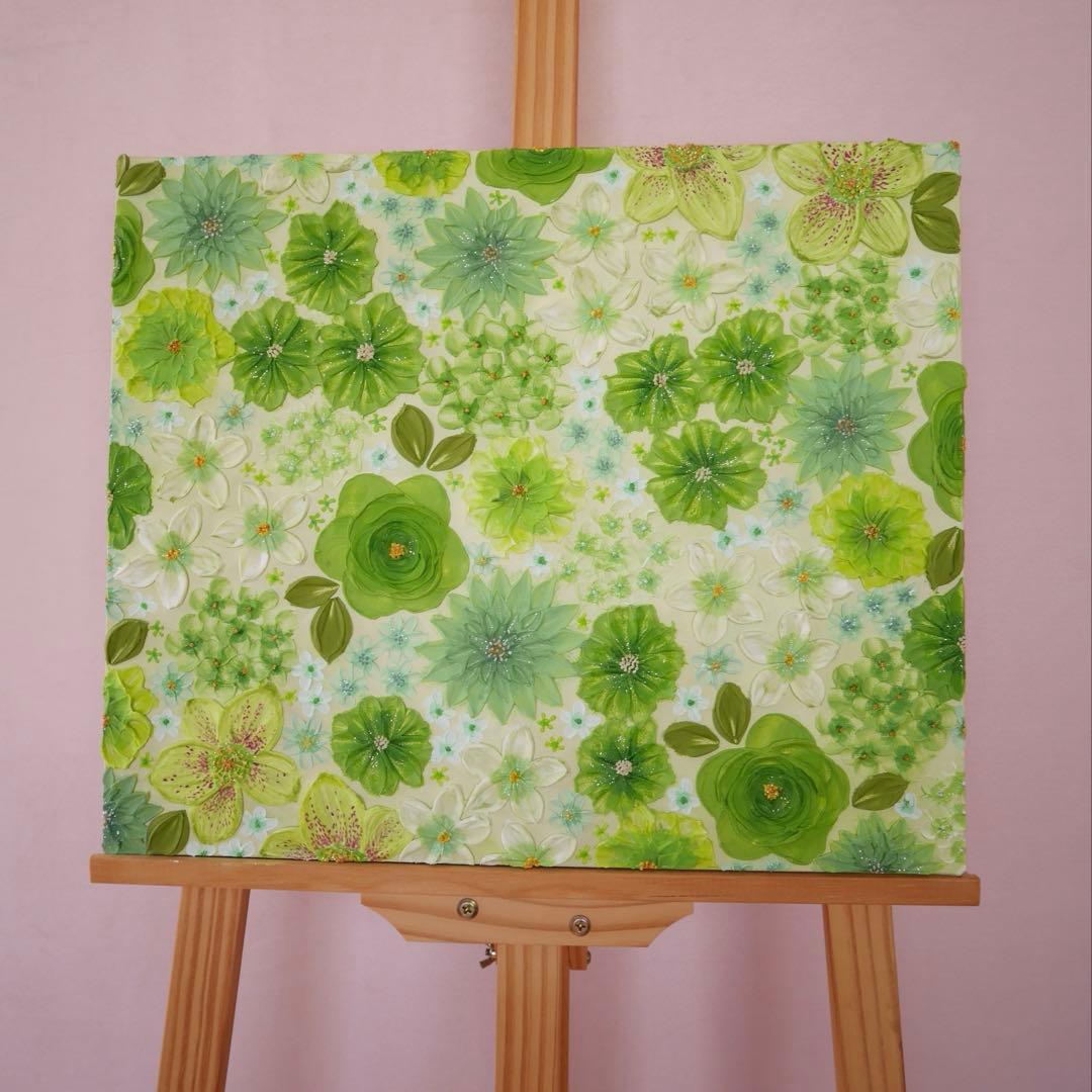 緑系 立体 花柄 アクリルアート テクスチャーアート ボタニカル 緑の花柄