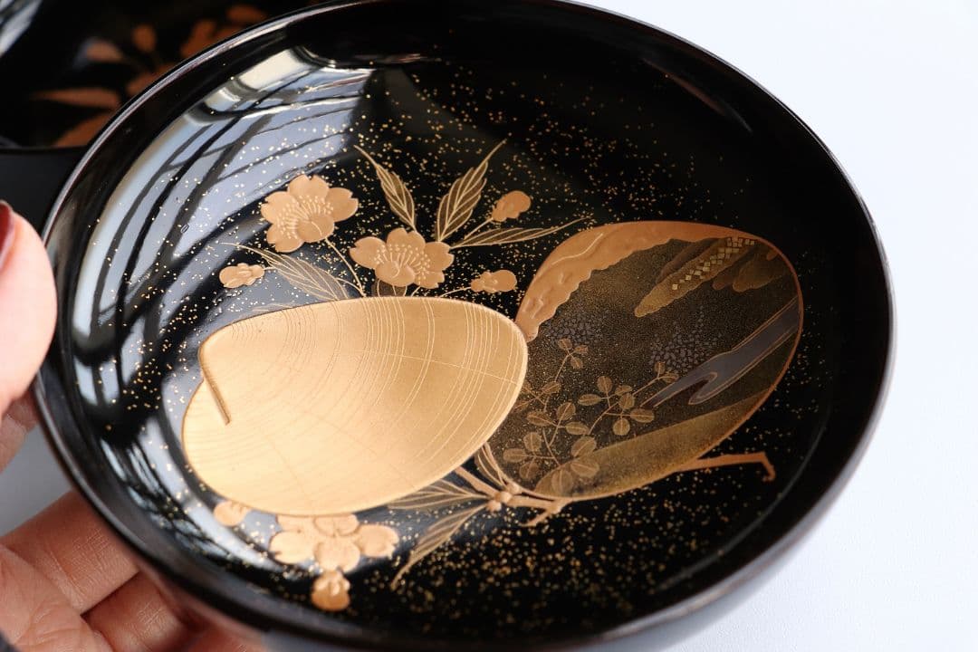 CL72 加賀蒔絵 貝合わせ蒔絵 黒塗椀 二客 蛤 桜 本金 梨地 木製漆器