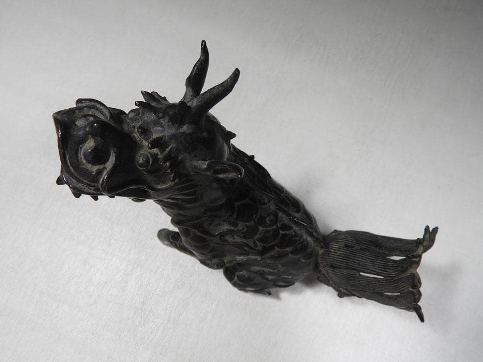 ●貴重 時代物 麒麟銅香炉 神獣 瑞獣 古銅 斑紫銅色 唐金 高さ16.5cm