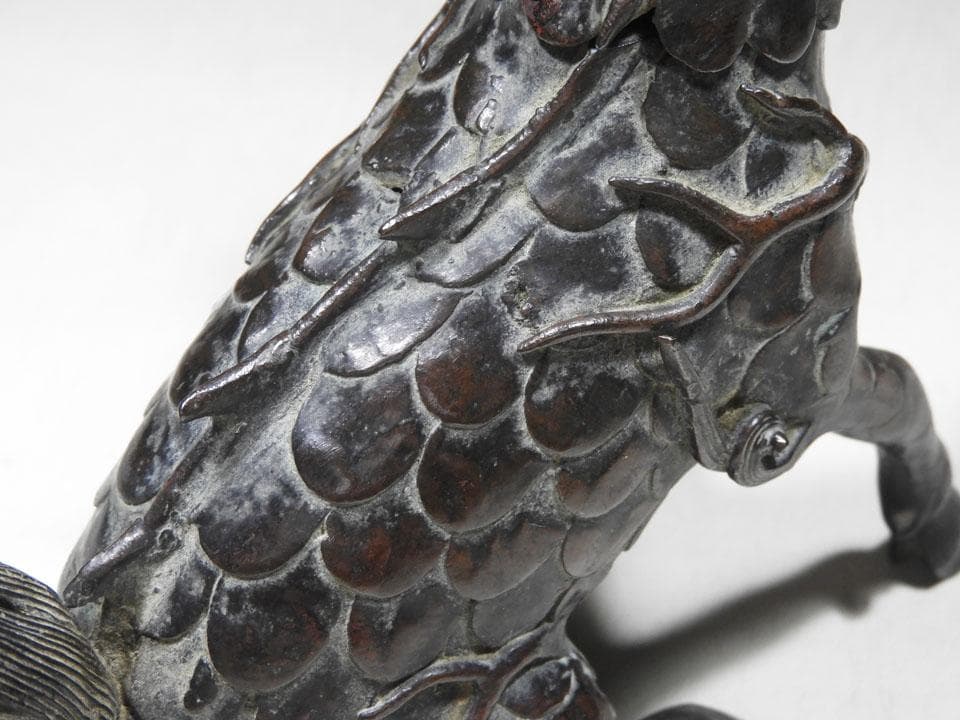 ●貴重 時代物 麒麟銅香炉 神獣 瑞獣 古銅 斑紫銅色 唐金 高さ16.5cm
