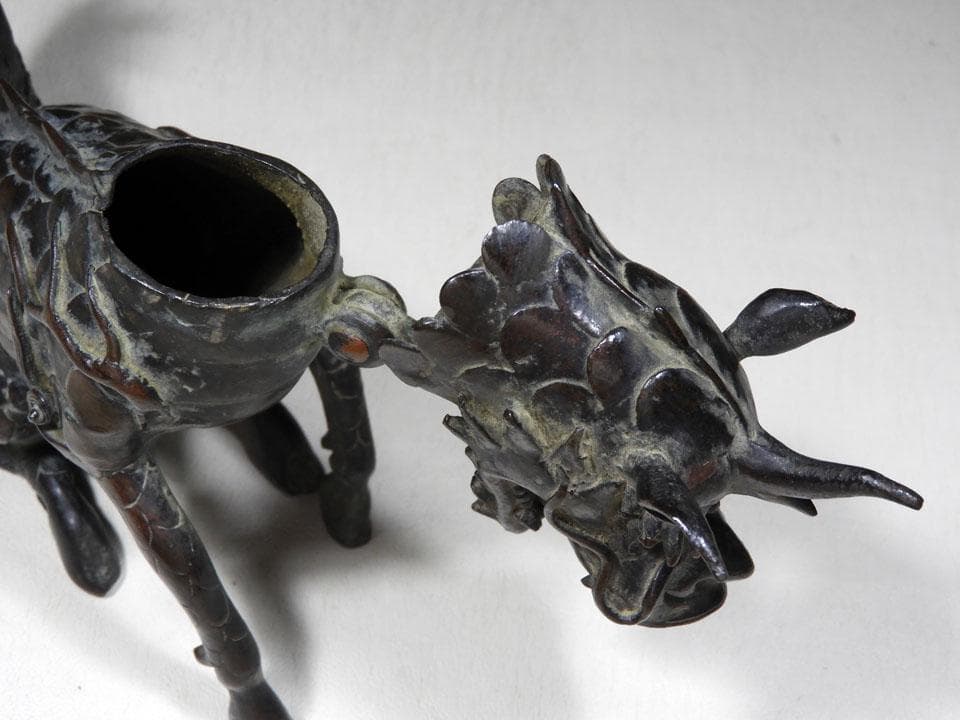●貴重 時代物 麒麟銅香炉 神獣 瑞獣 古銅 斑紫銅色 唐金 高さ16.5cm