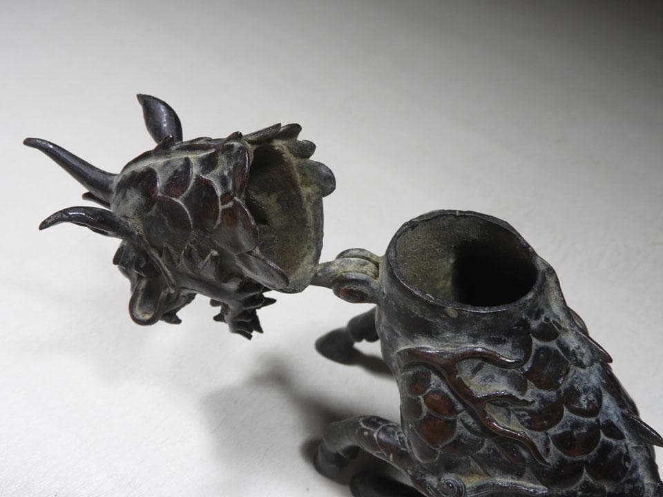 ●貴重 時代物 麒麟銅香炉 神獣 瑞獣 古銅 斑紫銅色 唐金 高さ16.5cm