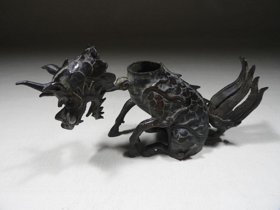●貴重 時代物 麒麟銅香炉 神獣 瑞獣 古銅 斑紫銅色 唐金 高さ16.5cm