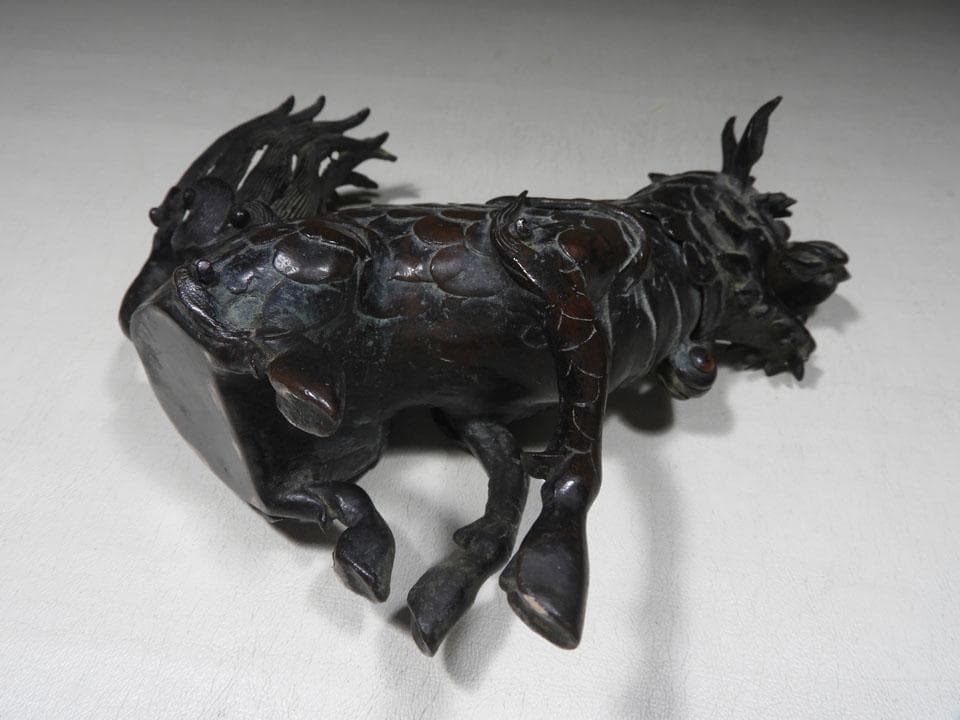 ●貴重 時代物 麒麟銅香炉 神獣 瑞獣 古銅 斑紫銅色 唐金 高さ16.5cm