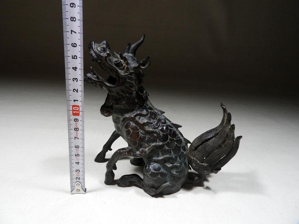 ●貴重 時代物 麒麟銅香炉 神獣 瑞獣 古銅 斑紫銅色 唐金 高さ16.5cm