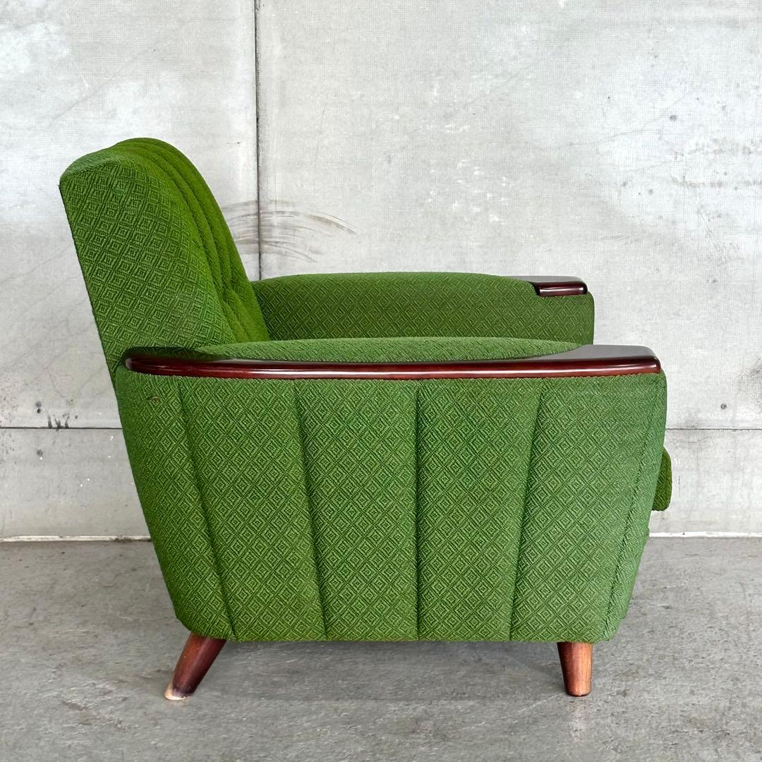 ✦70S✦ 昭和モダン 深緑ファブリック 木肘一人掛けチェア レトロ