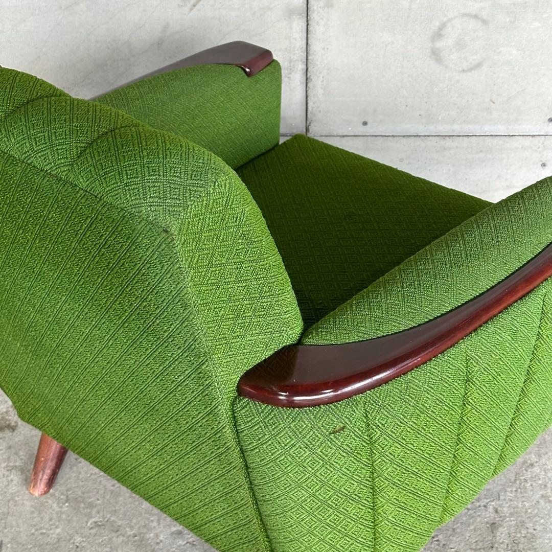 ✦70S✦ 昭和モダン 深緑ファブリック 木肘一人掛けチェア レトロ