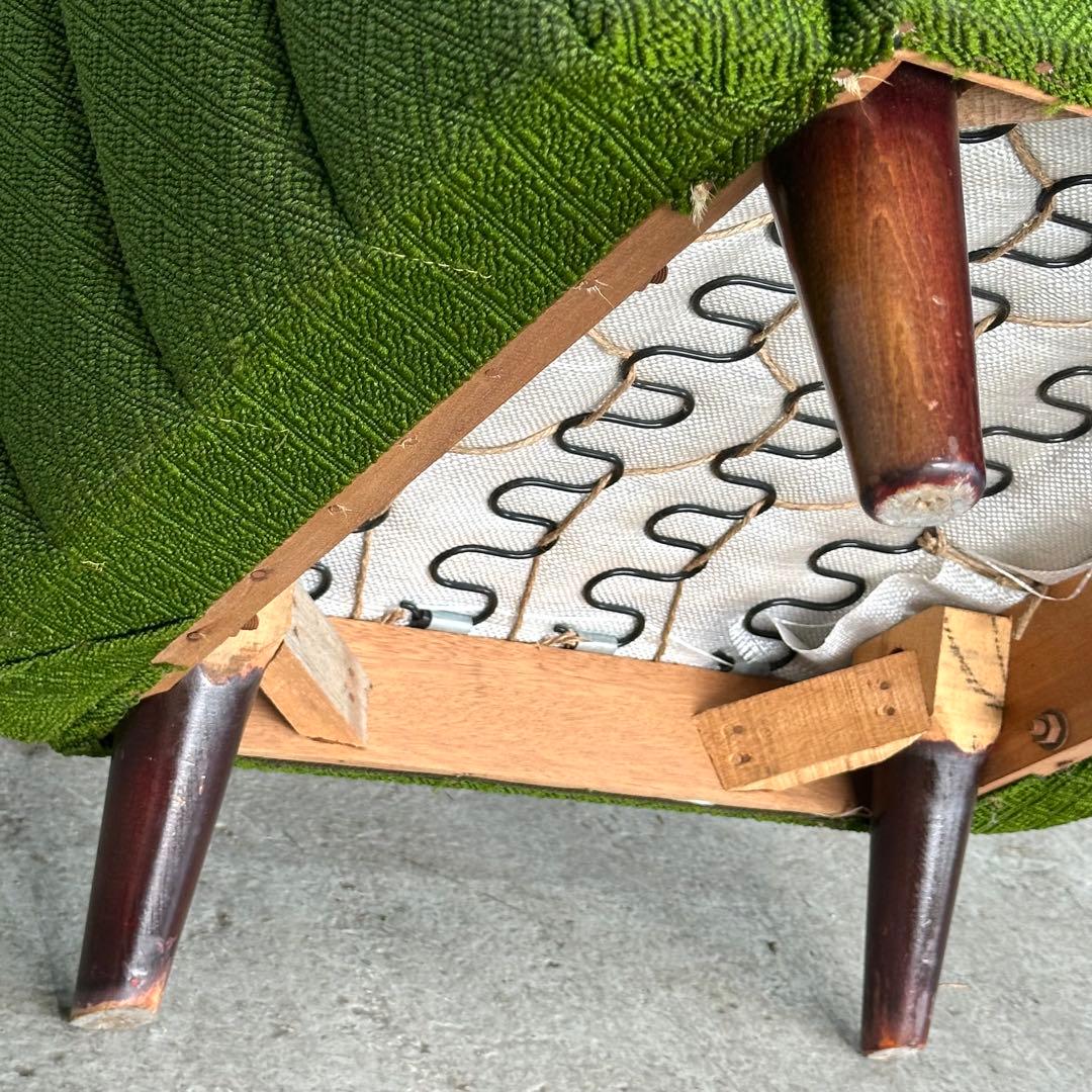 ✦70S✦ 昭和モダン 深緑ファブリック 木肘一人掛けチェア レトロ