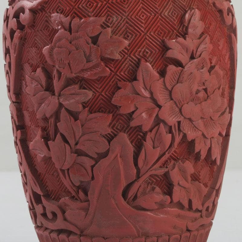 中国　剔紅　堆朱　内七宝　花文　花瓶　唐木台付　V　9255