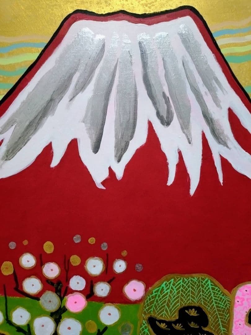 F20号】片岡球子【めで多き富士】手描き/表裏サイン/油彩/絵画/額縁/額装