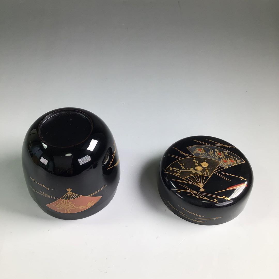 P806 棗 『荒井喜峰作』『黒漆塗』『扇面蒔絵』『利休棗』 共箱 茶道具