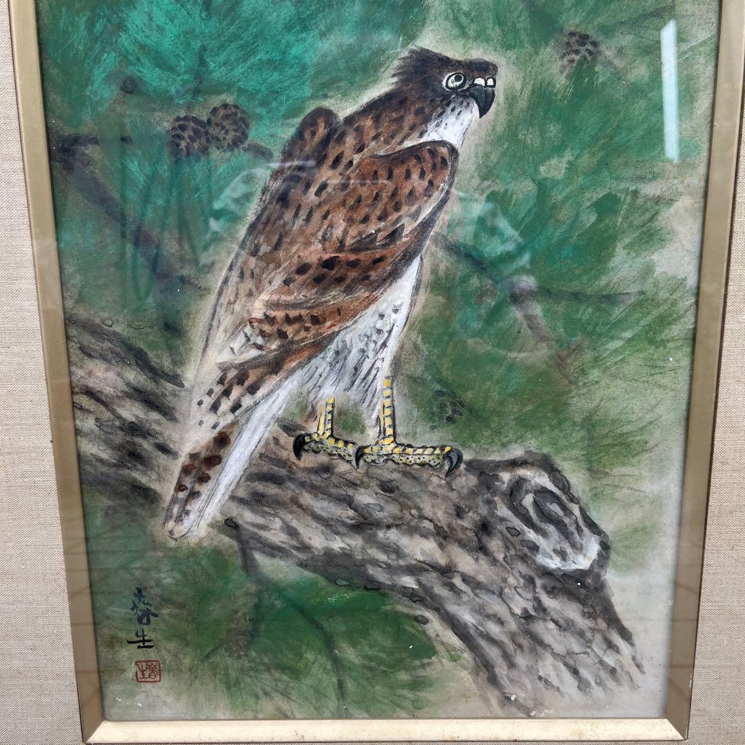 稲葉春正　作品 鷹の絵 木製フレーム付き 55センチ✖️65センチ