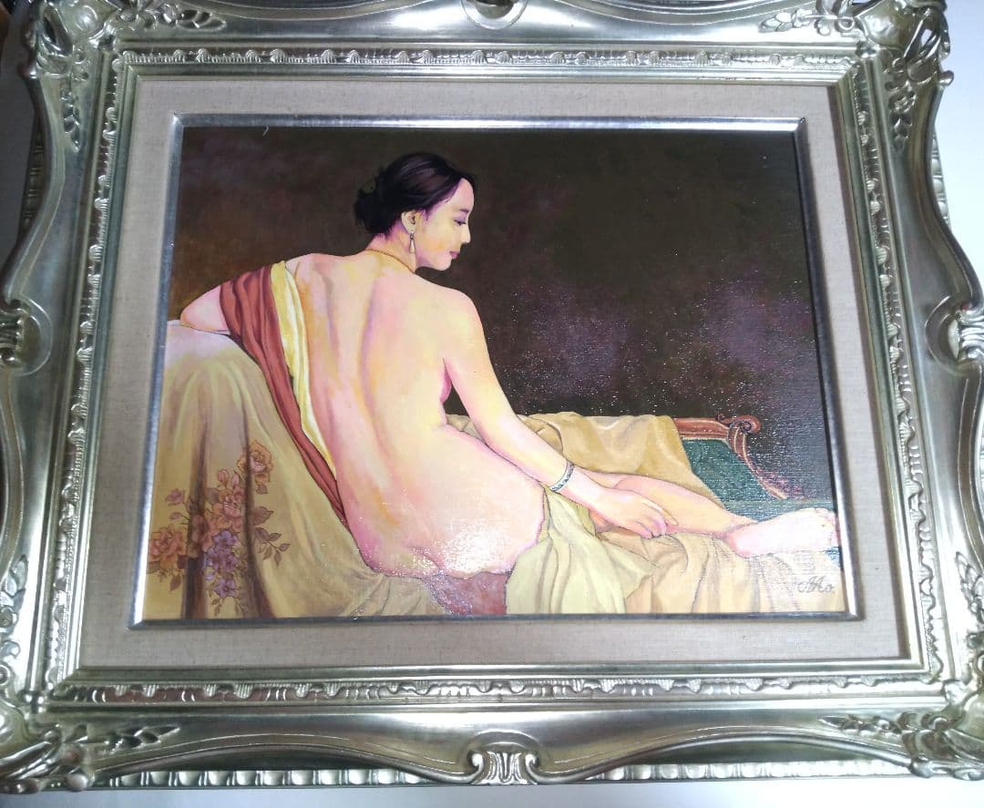 森本草介、絵画、美人画、油彩６号、裸婦、憩いの時、高級額縁、肉筆、高塚省吾。