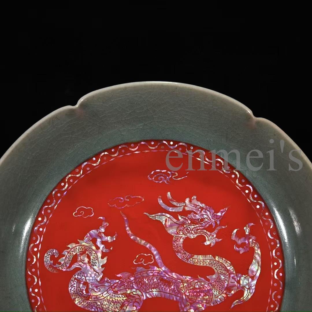 中国古美術・宋汝窯風螺鈿龍紋葵口中皿・陶器・置物・書道・