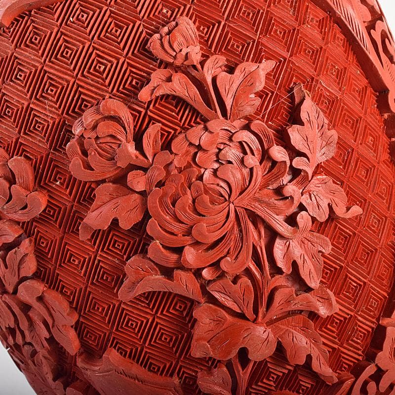 中国　剔紅　堆朱　内七宝　花文瓶　高さ約30㎝　唐木台付　一對　F　R7851B