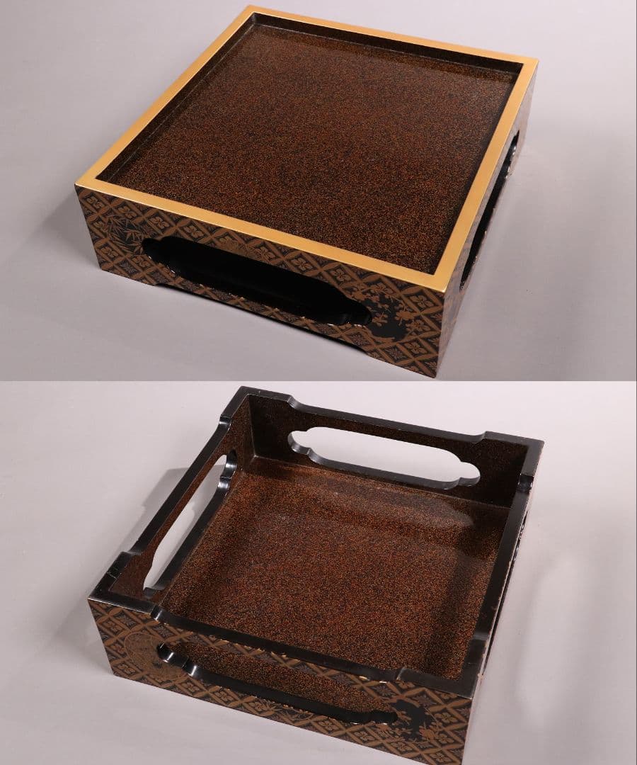 MA322 時代木製漆器 総蒔絵総梨地 花七宝 花の丸蒔絵 五段重 山水 二枚蓋