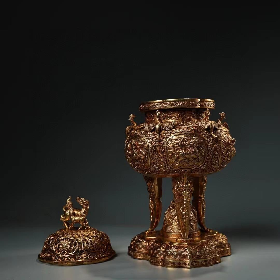 中国古美術・旧蔵鎏金熏香炉・純銅細密彫・純手作り・高浮彫・