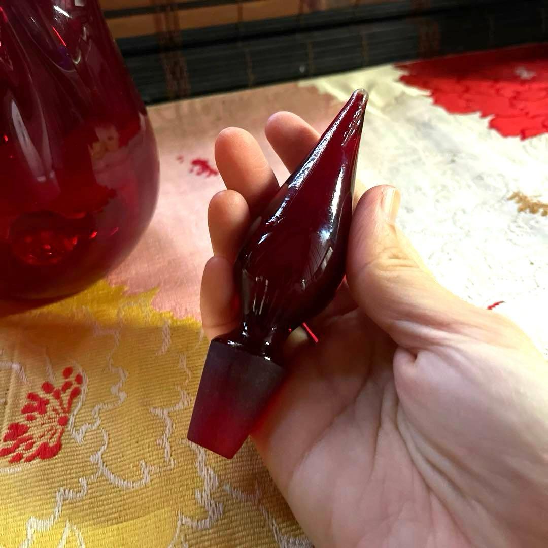 骨董 時代ガラス 銅赤被せガラス 古作 水差し デカンタ カラフェ